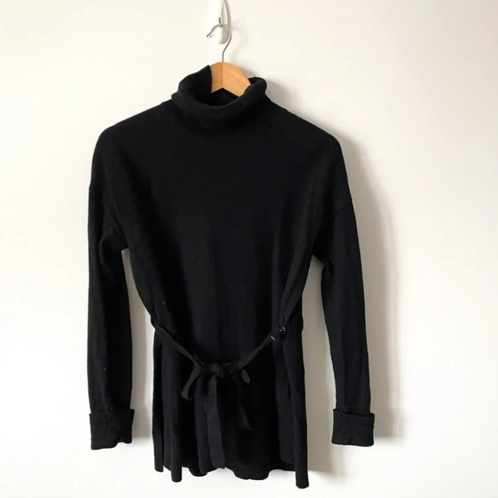 Tahari 100% Extra Fine Merino Wool Turtleneck Tie Sweater w/ Slit Black Medium